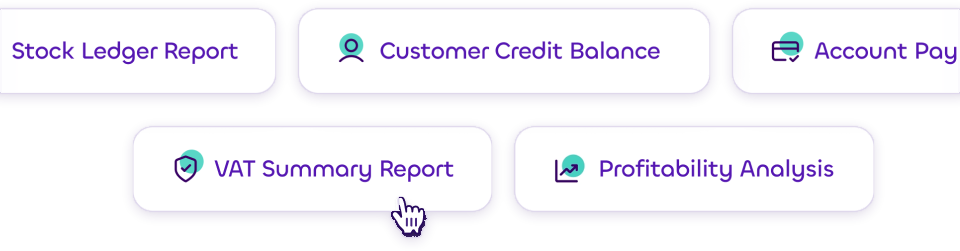 Financial report options including Stock Ledger, Customer Credit Balance, VAT Summary and Profitability Analysis