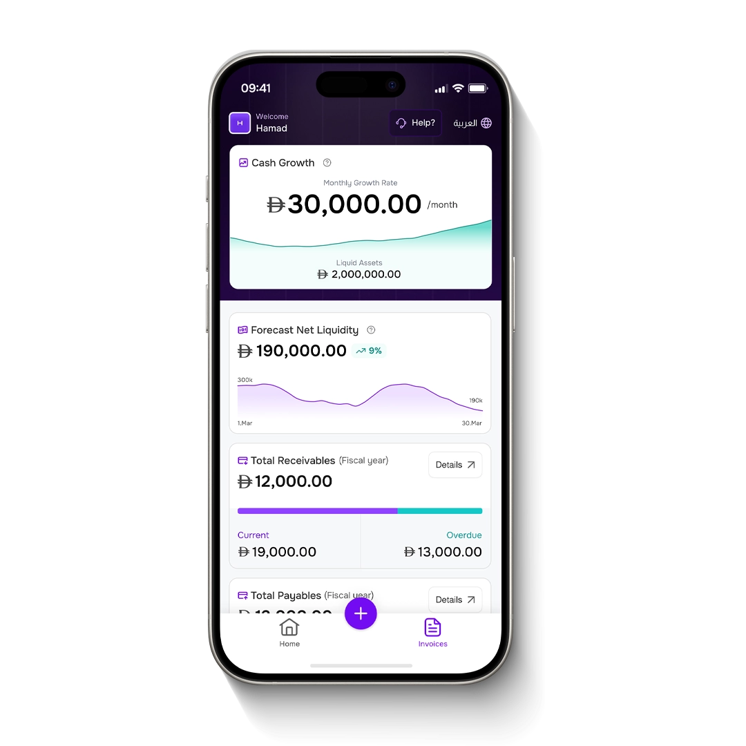 The mazeed mobile app showing cash growth, projected cash flow and total receivables