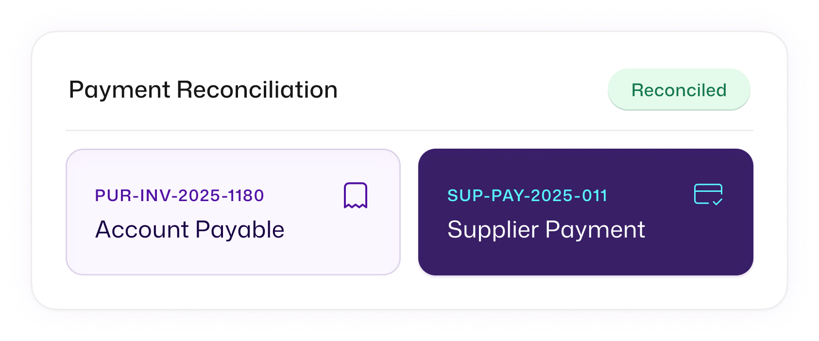 Reconciliation screen showing matched and unmatched transactions