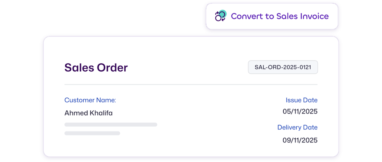 Sales order card for SAL-ORD-2025-0121 with a Convert to Sales Invoice action, showing customer name, issue date and delivery date