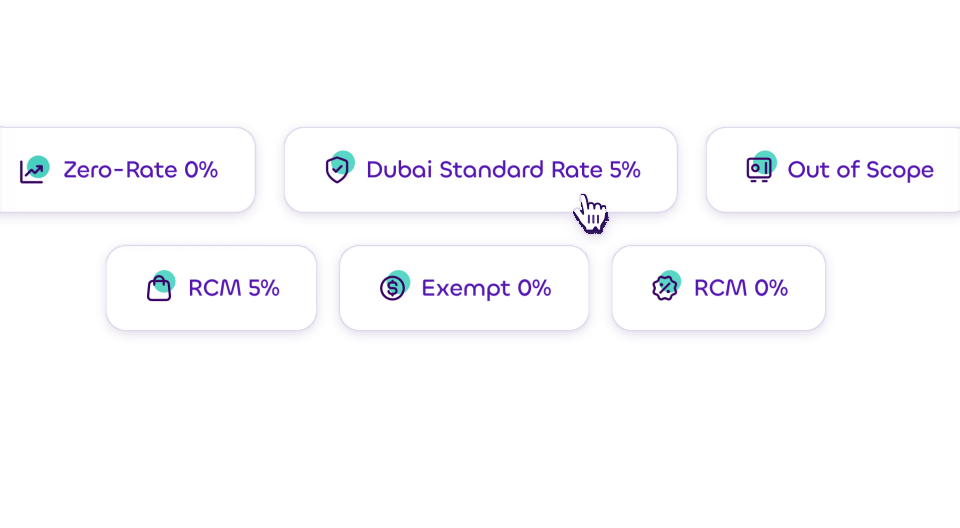 Tax tracking categories in mazeed: Zero-Rate, Dubai Standard Rate, Out of Scope, RCM and Exempt