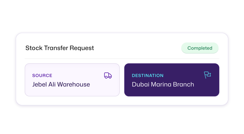 Completed stock transfer request from Jebel Ali Warehouse to Dubai Marina Branch