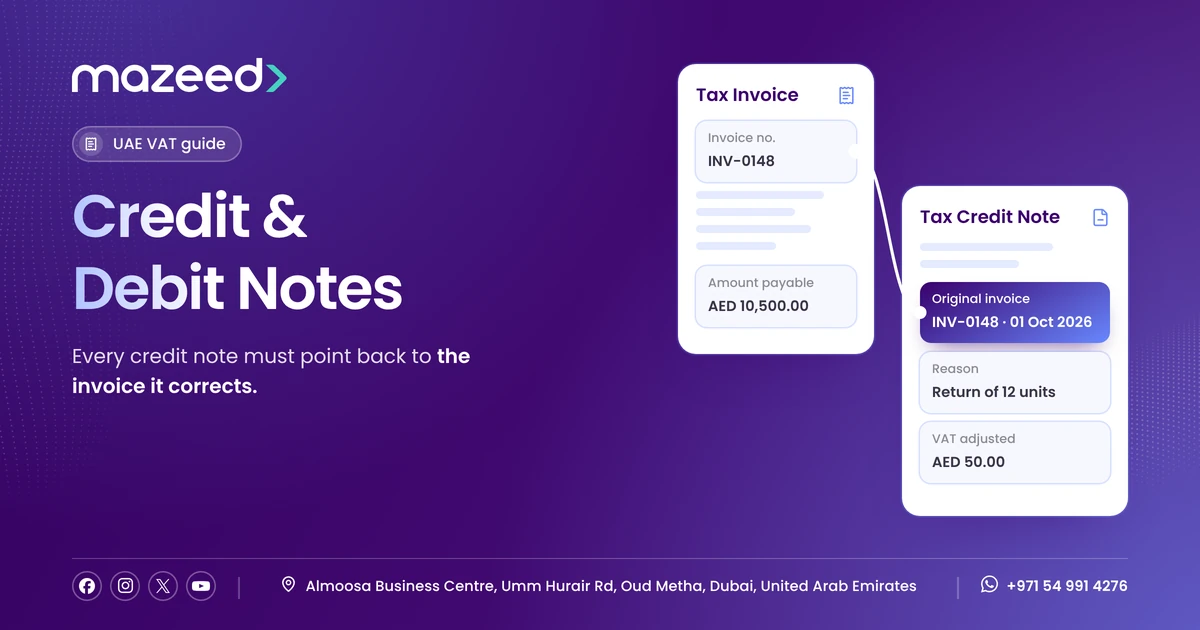 A UAE tax credit note linked to the original tax invoice it corrects, showing the invoice reference, reason and VAT adjusted
