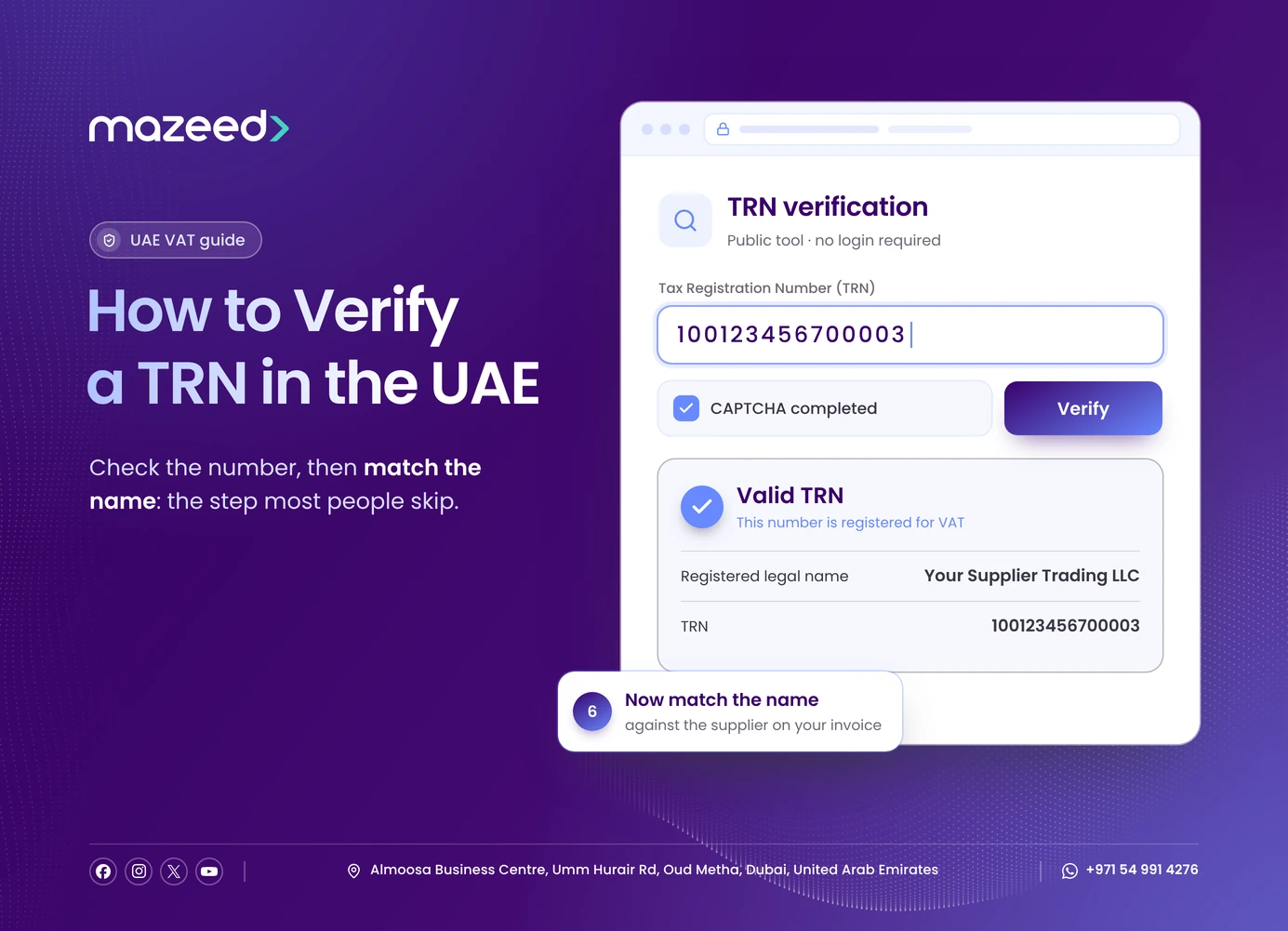 TRN verification tool showing a valid UAE Tax Registration Number and the registered legal name to match against the supplier's invoice