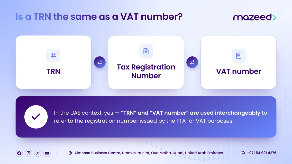 A TRN, or Tax Registration Number, is the same as a VAT number in the UAE, used interchangeably for the FTA's VAT registration number