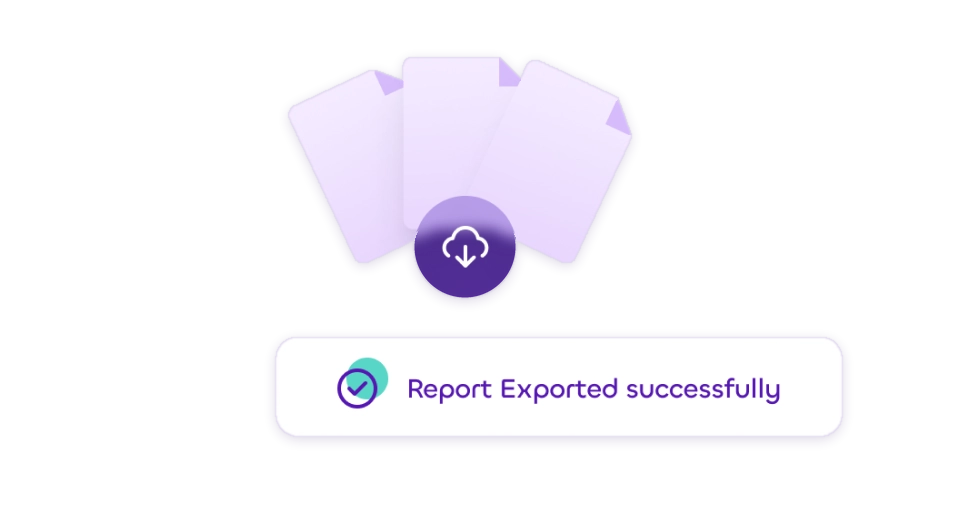 Exported mazeed reports with a cloud download icon and a Report Exported Successfully confirmation.
