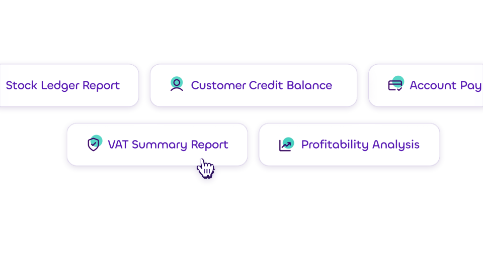 A selection of mazeed reports including Stock Ledger Report, Customer Credit Balance, Account Payable, VAT Summary Report and Profitability Analysis.