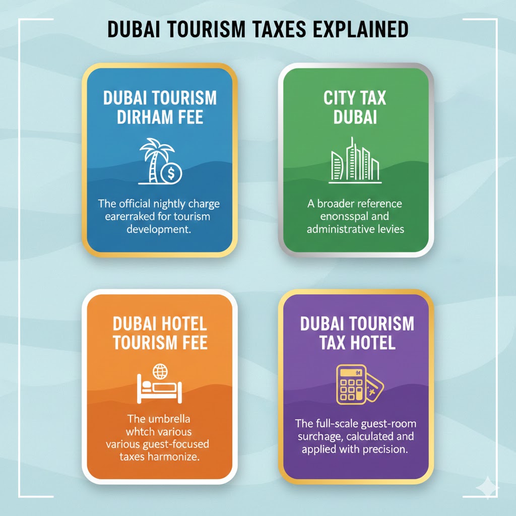 An infographic titled "DUBAI TOURISM TAXES EXPLAINED" featuring four colorful quadrants, each explaining a different type of tax or fee.

Top Left (Blue): "DUBAI TOURISM DIRHAM FEE" – Described as the official nightly charge earmarked for tourism development. It features an icon of a palm tree and a coin.

Top Right (Green): "CITY TAX DUBAI" – Described as a broader reference for municipal and administrative levies. It features an icon of city skyscrapers.

Bottom Left (Orange): "DUBAI HOTEL TOURISM FEE" – Described as the umbrella under which various guest-focused taxes harmonize. It features an icon of a person in a bed with a globe above them.

Bottom Right (Purple): "DUBAI TOURISM TAX HOTEL" – Described as a full-scale guest-room surcharge, calculated and applied with precision. It features an icon of a calculator and a credit card.

The background is a light blue, wavy pattern, and the text contains several minor typographical errors.

This is part of Tourist Tax in Dubai