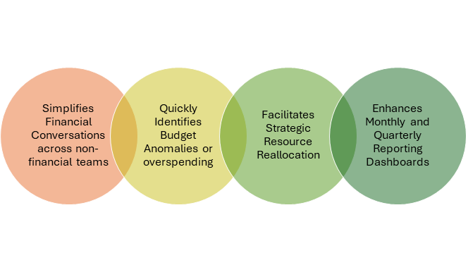 Benefits of Bar Charting Your Chart of Accounts:
1- Simplifies financial conversations across non-financial teams
2- Quickly identifies budget anomalies or overspending
3-Facliaites strategic resource reallocation
4- Enhances monthly and quarterly reporting dashboards