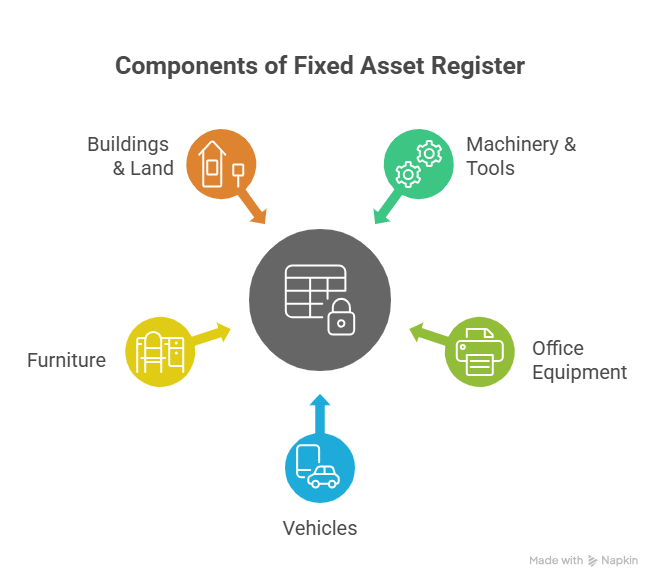 Components of a fixed asset register:
Machinery and tools
Office equipment
Vehicles
Furniture
Buildings and land