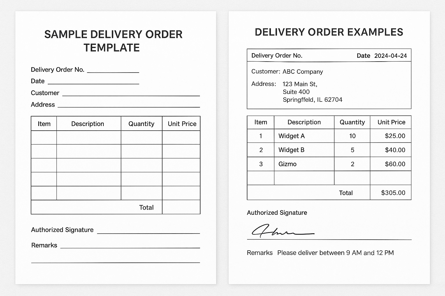 Sample Delivery Order Template and completed Delivery Order Example showing structured fields for customer details, item descriptions, quantities, prices, totals, and authorized signature.