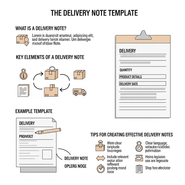 Infographic titled 'The Delivery Note Template.' It explains what a delivery note is, shows key elements such as quantity, product details, and delivery date, and provides an example template with a clipboard illustration. It also includes icons representing package flow and tips for creating effective delivery notes, emphasizing clear language, relevant information, and readability