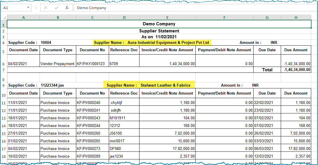 A spreadsheet displays a supplier account statement for two companies. One shows a vendor prepayment, and the other lists multiple purchase invoices with corresponding due dates and amounts. The columns include dates, document types, amounts, and balances.