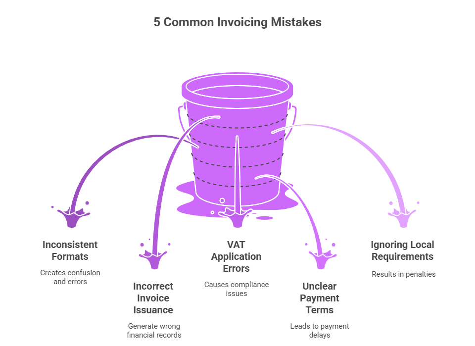 An illustration titled "5 Common Invoicing Mistakes." A large purple bucket with dashed lines has five streams of purple liquid pouring out from small holes in its sides. Each stream flows down to a separate heading and description. The headings are:
1- Inconsistent Formats: Creates confusion and errors
2- Incorrect Invoice Issuance: Generates wrong financial records
3- VAT Application Errors: Causes compliance issues
4- Unclear Payment Terms: Leads to payment delays
5- Ignoring Local Requirements: Results in penalties