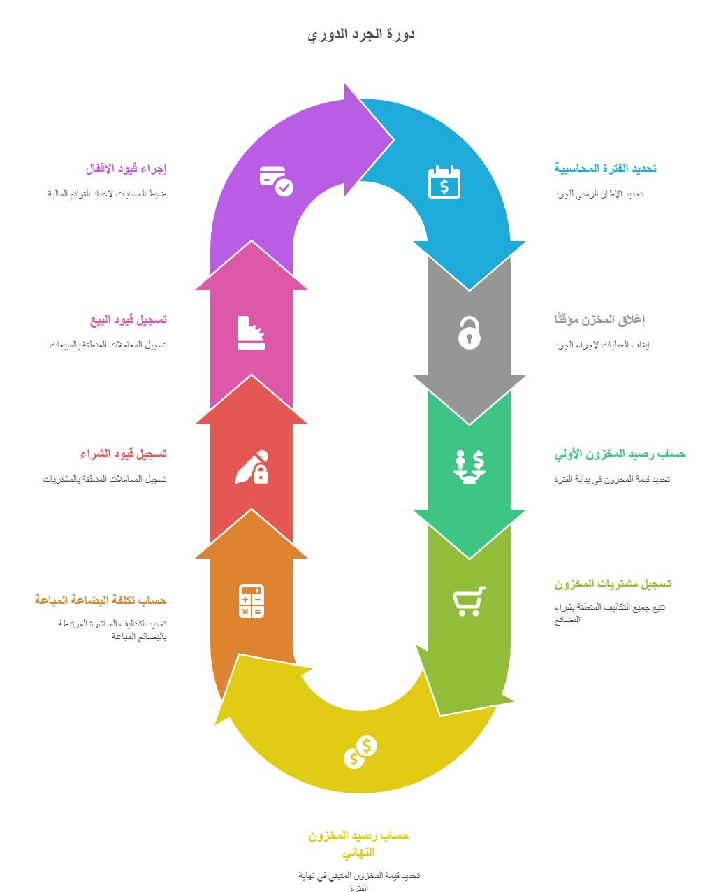 رسم توضيحي (إنفوجرافيك) ملون على شكل حلقة بيضاوية رأسية مكونة من أسهم متصلة، تصف مراحل دورة الجرد الدوري بالتسلسل. تبدأ الدورة من الأعلى وتتحرك مع اتجاه عقارب الساعة عبر 9 خطوات رئيسية:
تحديد الفترة المحاسبية (باللون الأزرق): تحديد الإطار الزمني للجرد.
إغلاق المخزن مؤقتاً (باللون الرمادي): إيقاف العمليات لإجراء الجرد.
حساب رصيد المخزون الأولي (باللون الأخضر الداكن): تحديد قيمة المخزون في بداية الفترة.
تسجيل مشتريات المخزون (باللون الأخضر الفاتح): تتبع جميع التكاليف المتعلقة بشراء البضائع.
حساب رصيد المخزون النهائي (باللون الأصفر): تحديد قيمة المخزون المتبقي في نهاية الفترة.
حساب تكلفة البضاعة المباعة (باللون البرتقالي): تحديد التكاليف المباشرة المرتبطة بالبضائع المباعة.
تسجيل قيود الشراء (باللون الأحمر): تسجيل المعاملات المتعلقة بالمشتريات.
تسجيل قيود البيع (باللون الوردي): تسجيل المعاملات المتعلقة بالمبيعات.
إجراء قيود الإقفال (باللون البنفسجي): ضبط الحسابات لإعداد القوائم المالية.
تتضمن كل خطوة أيقونة رمزية تعبر عن طبيعة المهمة (مثل أيقونة التقويم، القفل، الميزان، وعربة التسوق).