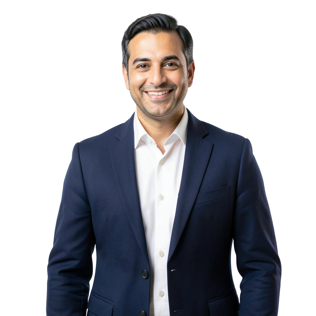 مستشار مالي من مزيد يرتدي بدلة كحلية ويبتسم.