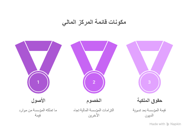 إنفوجرافيك يوضح ما هي قائمة المركز المالي: الأصول (ما تملكه المؤسسة من موارد ذات قيمة)، الخصوم (التزامات المؤسسة المالية تجاه الآخرين)، وحقوق الملكية (قيمة المؤسسة بعد تسوية الديون).