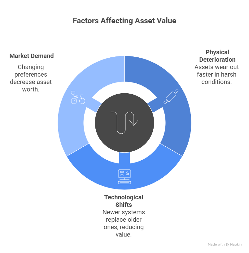 Three main factors cause assets to lose value: 

Physical deterioration: Kitchen gear in hot places wears out quicker 

Technological shifts: New 2023 point-of-sale systems vs. old 2020 ones in Dubai 

Market demand: Delivery bikes losing value as electric ones become popular