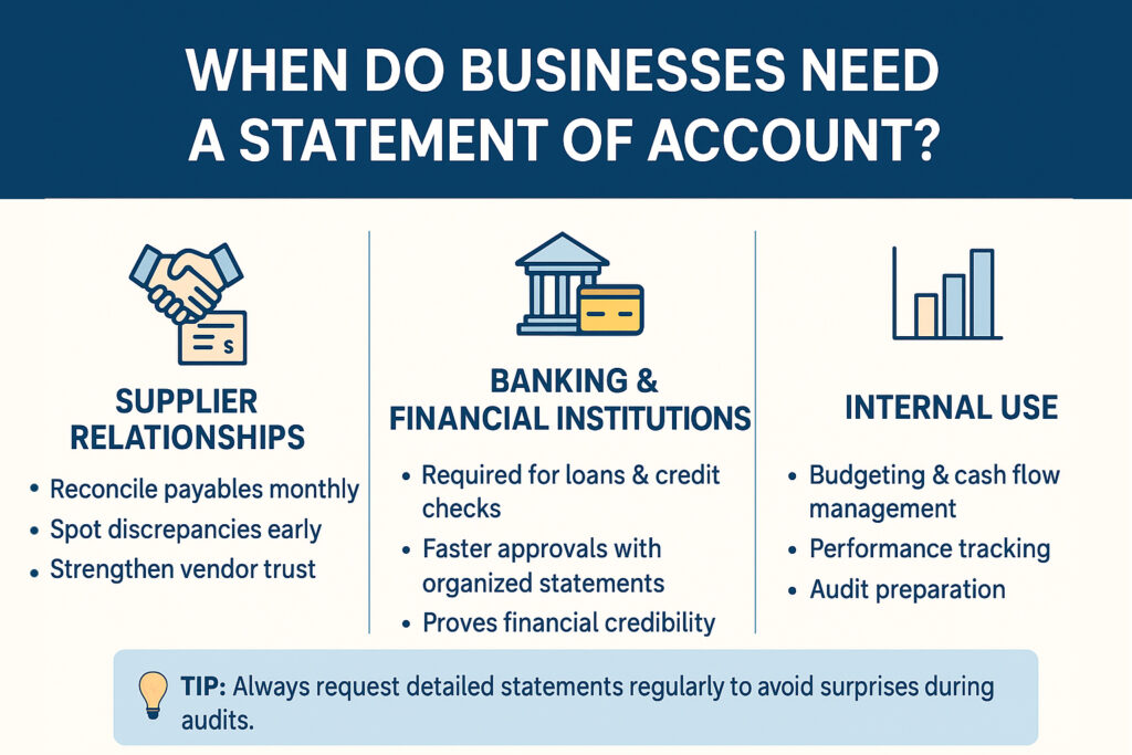 Infographic titled ‘When Do Businesses Need a Statement of Account?’ presented in three columns. The first column, ‘Supplier Relationships,’ highlights reconciling payables monthly, spotting discrepancies early, and strengthening vendor trust, with a handshake icon. The second column, ‘Banking & Financial Institutions,’ lists uses for loans and credit checks, faster approvals with organized statements, and proving financial credibility, with a bank and card icon. The third column, ‘Internal Use,’ includes budgeting and cash flow management, performance tracking, and audit preparation, with a bar chart icon. A tip at the bottom advises requesting detailed statements regularly to avoid audit surprises.