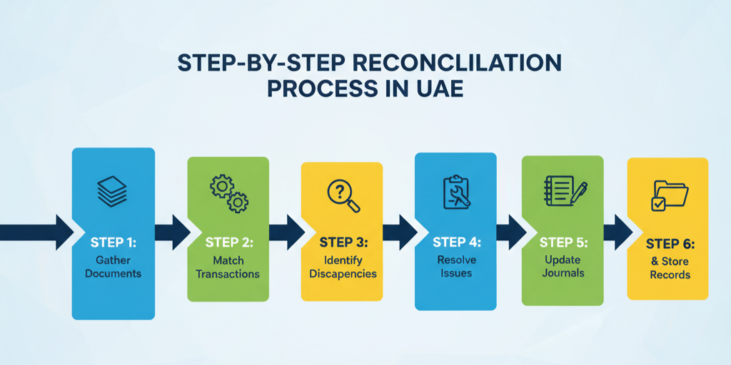 Why Bank Reconciliation Matters in UAE." A central shield and stethoscope icon is surrounded by five circular icons representing key benefits: Clear Cash Flow (money bag), Fraud Detection (magnifying glass), Audit Readiness (bar chart), Saves Time & Errors (clock), and Compliance in UAE (checkmark). The footer text reads: "Regular reconciliation = smarter decisions + stronger growth.
