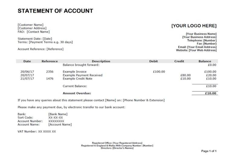 A statement of account sample displays a customer's transaction history, including an invoice, payment, and credit note, resulting in a current and overdue balance of £10.00. It also shows business, customer, and banking details.