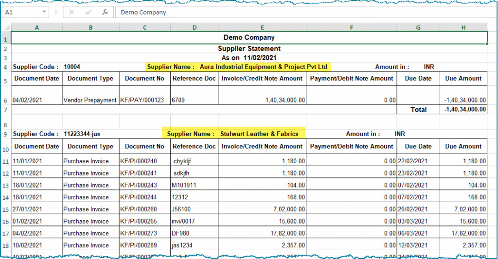 A spreadsheet displays a supplier account statement for two companies. One shows a vendor prepayment, and the other lists multiple purchase invoices with corresponding due dates and amounts. The columns include dates, document types, amounts, and balances.