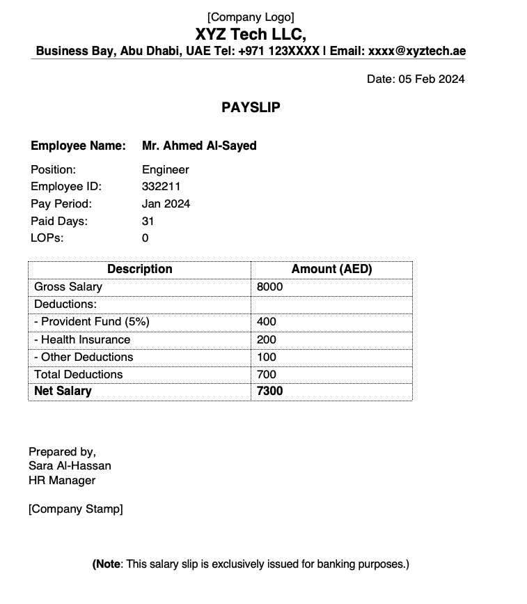 A detailed payslip format for XYZ Tech LLC, dated February 5, 2024. The payslip is for employee Ahmed Al-Sayed, an Engineer, and shows a gross salary of 8000 AED. Deductions include 400 AED for Provident Fund, 200 AED for Health Insurance, and 100 AED for other deductions, totaling 700 AED. The net salary is 7300 AED. A note at the bottom indicates the payslip is for banking purposes.