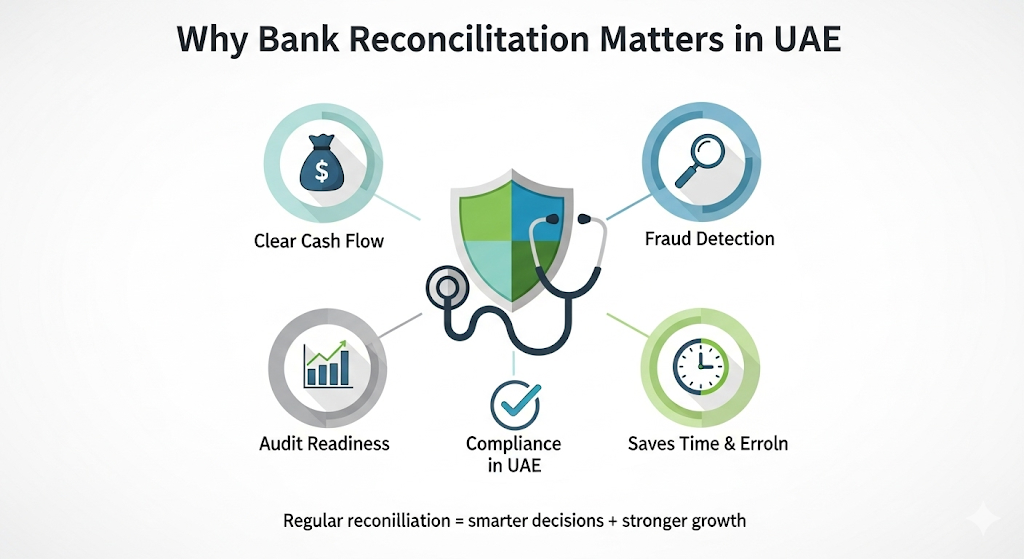 Why Bank Reconciliation Matters in UAE." A central shield and stethoscope icon is surrounded by five circular icons representing key benefits: Clear Cash Flow (money bag), Fraud Detection (magnifying glass), Audit Readiness (bar chart), Saves Time & Errors (clock), and Compliance in UAE (checkmark). The footer text reads: "Regular reconciliation = smarter decisions + stronger growth.
