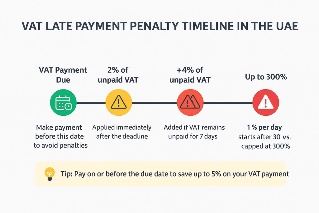 Wide infographic showing the VAT late payment penalty timeline in the UAE: 2% penalty right after the due date, 4% added after 7 days, and 1% daily penalty starting one month later, up to 300% maximum.