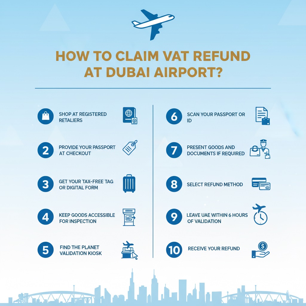 Infographic outlining the 10-step process in how to claim a VAT refund in Dubai Airport, including shopping at registered retailers, passport validation, getting a tax-free tag, using the Planet Validation Kiosk, and selecting the refund method.
