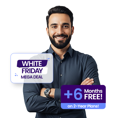A promotional image for a software deal, featuring a smiling man with folded arms. Text bubbles highlight two offers: a 'White Friday Mega Deal' and '+6 Months FREE! on 2-Year Plans!'
