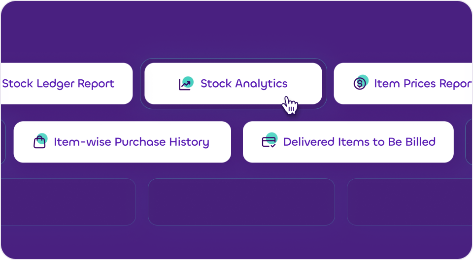 A close-up view of the Inventory or Reports module menu in the mazeed ONE accounting software, showing buttons for various stock-related reports. The visible buttons include 'Stock Ledger Report', 'Stock Analytics' (highlighted with a mouse cursor), 'Item Prices Report', 'Item-wise Purchase History', and 'Delivered Items to Be Billed'.