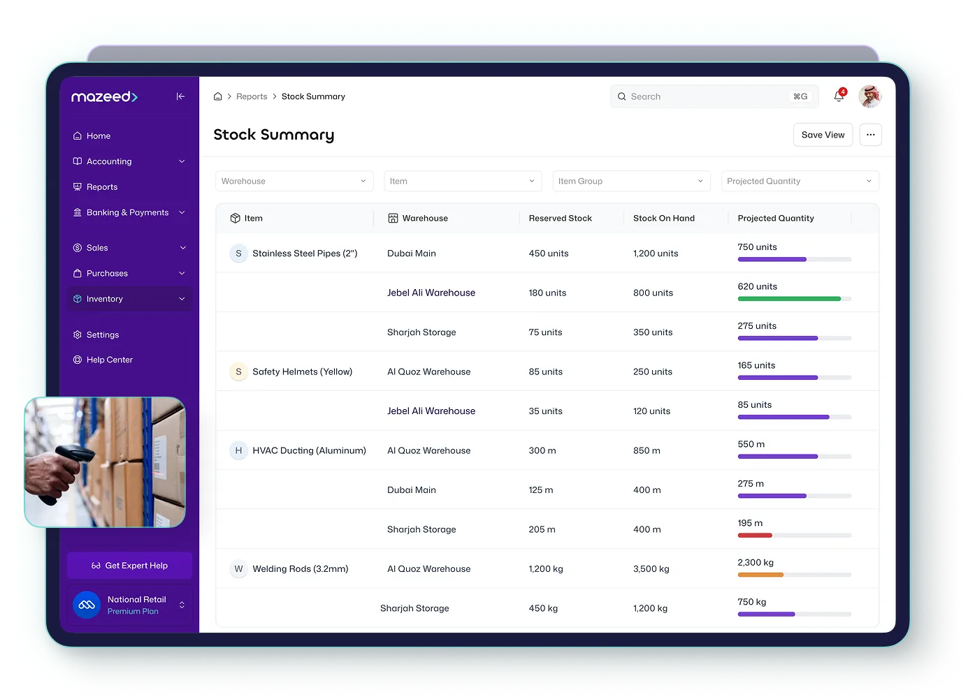 A full-screen screenshot of the mazeed ONE accounting software on a tablet, displaying the 'Stock Summary' Report. The report lists inventory items like 'Stainless Steel Pipes (2")' and 'Safety Helmets (Yellow)' across multiple locations, including 'Dubai Main' and 'Jebel Ali Warehouse'. The table shows columns for Reserved Stock, Stock On Hand, and 'Projected Quantity,' visualized with horizontal progress bars. A sidebar image shows a warehouse worker scanning a barcode.
