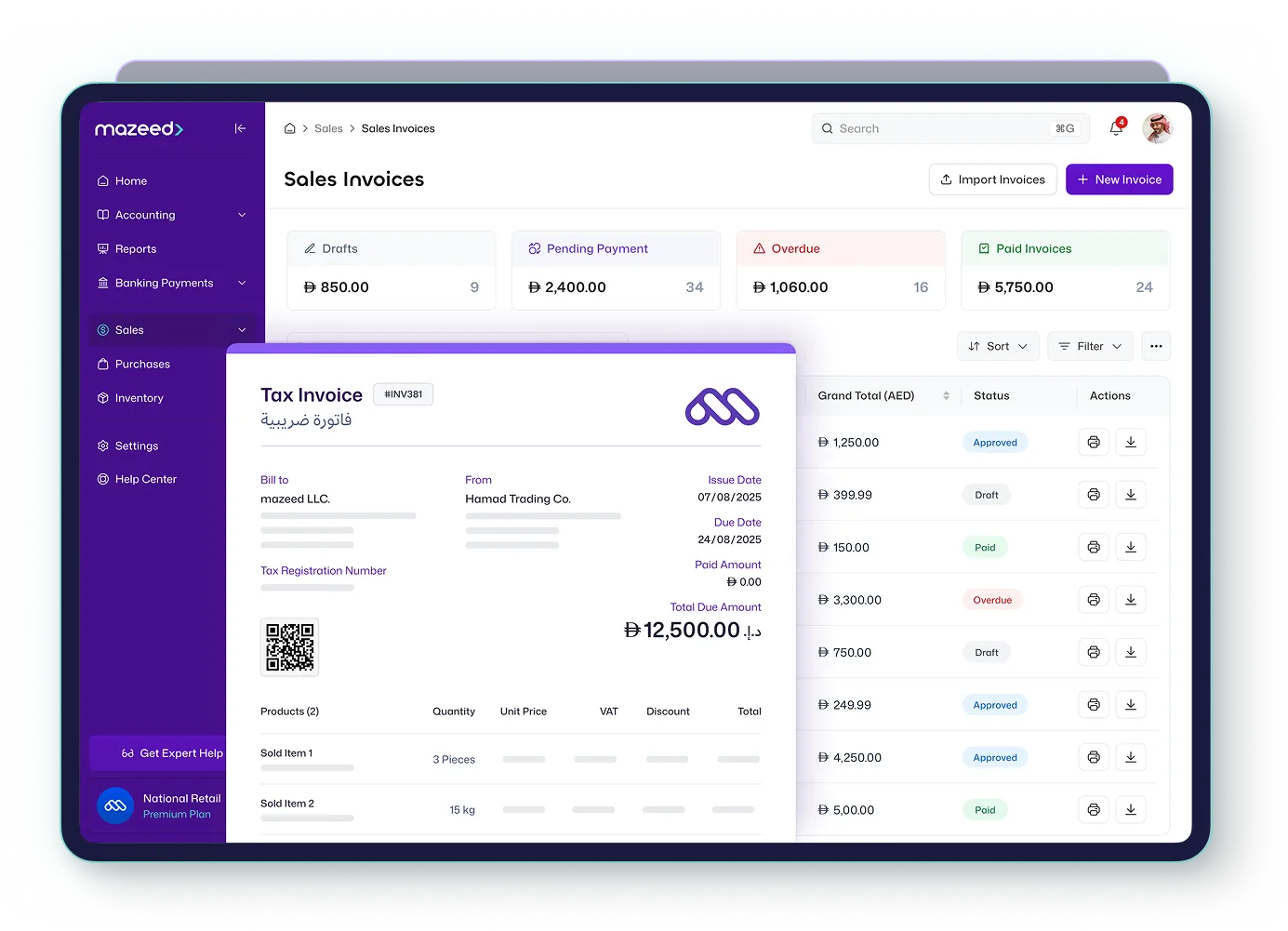A full-screen screenshot of the mazeed ONE accounting software on a tablet, showing the 'Sales Invoices' list. The dashboard displays status tabs for Drafts, Pending Payment, Overdue, and Paid Invoices, along with a list of transactions. An overlay shows a detailed preview of a specific 'Tax Invoice' (#INV381) billed to mazeed LLC. for a 'Total Due Amount' of Ɖ 12,500.00, including line items for 'Product (2)' and 'Sold Item 2'.