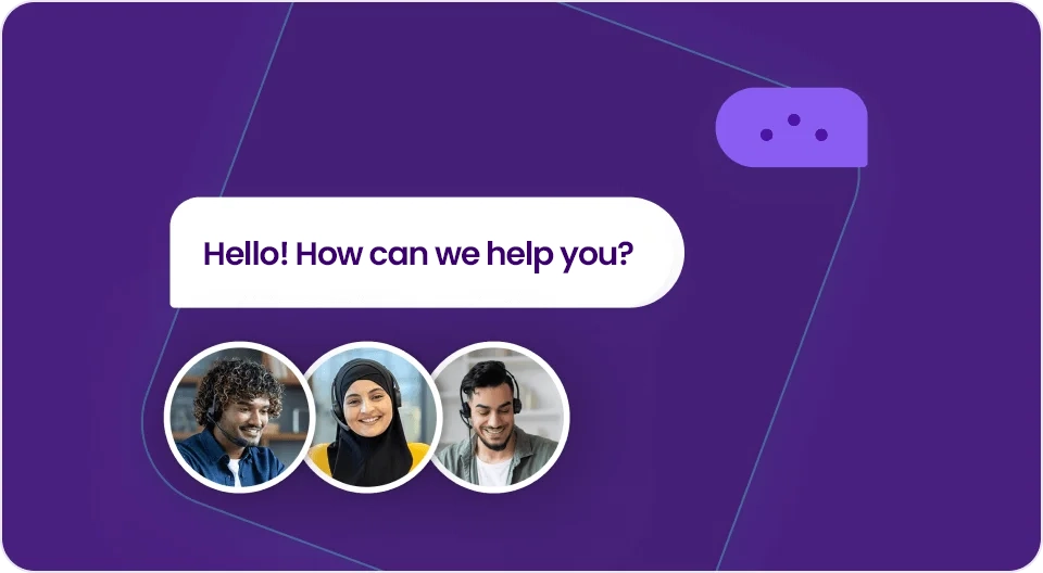 An illustration representing customer support for mazeed ONE accounting software. A chat bubble in the center reads "Hello! How can we help you?". Below the message are three circular portraits of smiling, diverse support team members wearing headsets. The background is purple, suggesting a digital interface.