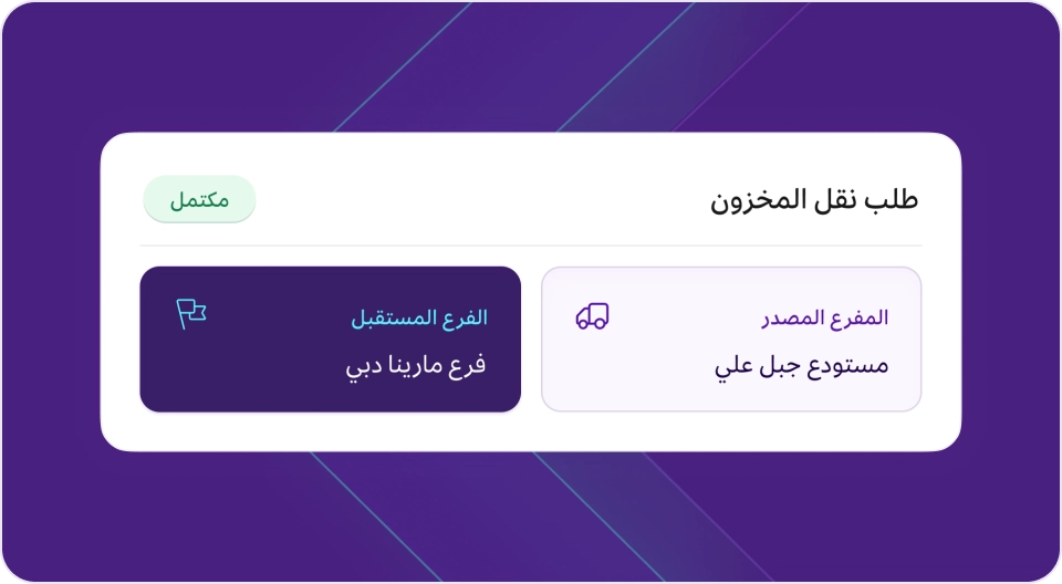 بطاقة عرض طلب نقل المخزون في برنامج مزيد وان، حيث يظهر حالة الطلب "مكتمل". تفاصيل النقل تشير إلى أن الفرع المصدر هو "مستودع جبل علي" والفرع المستقبل هو "فرع مارينا دبي".