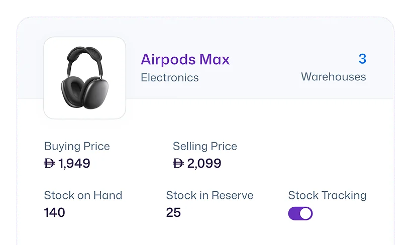 A configuration panel in the mazeed ONE accounting software for 'Customize stock'. The options include setting the 'Brand Logo' and 'Brand Color' (set to a purple shade, hex code #E03636), and toggle switches for 'Show Shipping', 'Show Discount', and 'Send Payment Reminders'. A button at the bottom reads 'Create Invoice Template'.