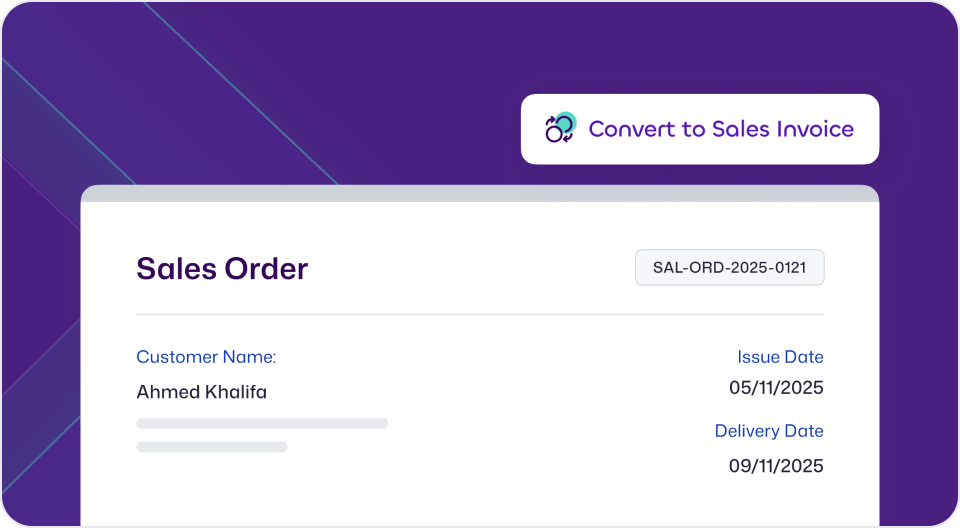 Digital screen from the mazeed ONE accounting software showing a 'Sales Order' form with the order number 'SAL-ORD-2025-0121'. The customer is listed as 'Ahmed Khalifa,' and the form includes fields for 'Issue Date' (05/11/2025) and 'Delivery Date' (09/11/2025). A prominent button in the top right corner reads 'Convert to Sales Invoice'.