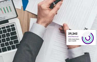 عرض علوي لمتخصص، ضمن خدمات المدير المالي (CFO)، يراجع مستندات مالية ورقية بقلم، بينما يظهر حاسوب محمول وجهاز لوحي يعرض رسماً بيانياً. تظهر بطاقة مؤشر أداء رئيسي (KPI) توضح "إجمالي الإيرادات" بقيمة "29,242"، وهي "أكثر بنسبة 24% من الشهر الماضي"، مصحوبة برسم بياني دائري.