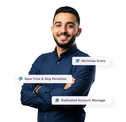 A promotional image for a financial management, featuring a smiling man with folded arms.