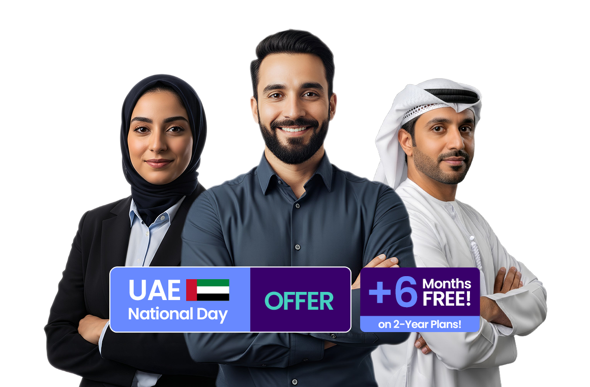 A promotional photo of three business professionals, two men and one woman in a hijab, standing with folded arms. Overlaying the image are two promotional banners: a 'UAE National Day Deal' and a '+6 Months FREE! on 2-Year Plans!' offer.