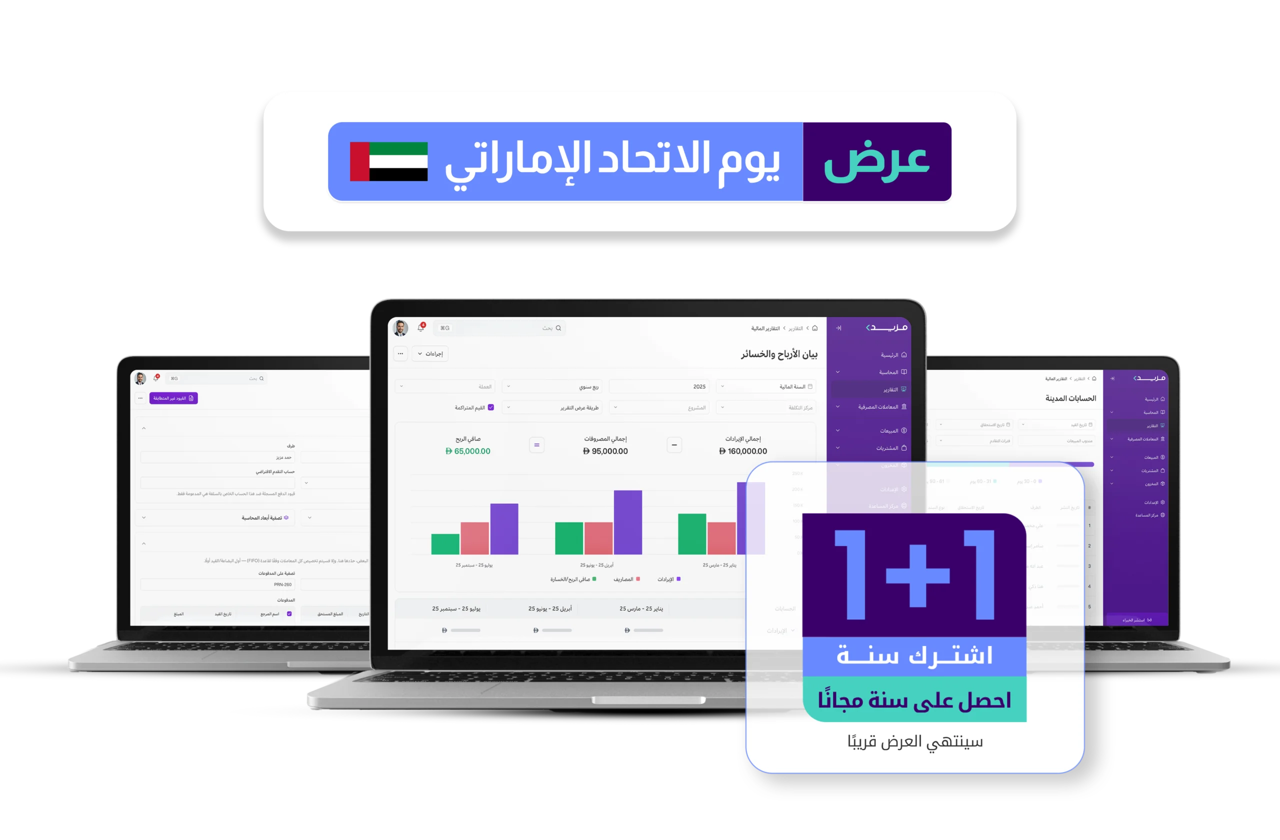 لوحة تحكم برنامج مزيد وان المحاسبي تعرض بيانات رسوم بيانية ملونة تشمل تقارير المبيعات والضرائب والفواتير والتسويات، مع عرض "اليوم الوطني الإماراتي" وعرض اشتراك "1+1 سنة مجانية".