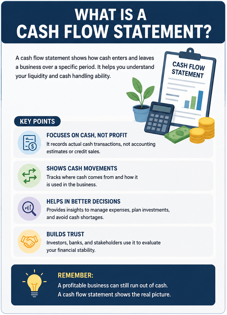 Infographic explaining what is a cash flow statement, highlighting cash inflows and outflows, key benefits, and its role in financial decision-making.