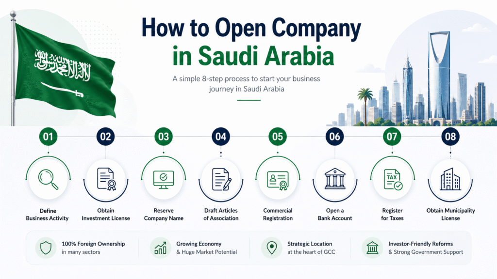 Infographic showing how to open a company in Saudi Arabia with a simple 8 step process for UAE businesses including licensing registration and tax setup