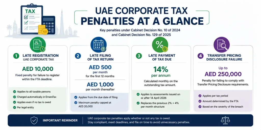 UAE Corporate Tax Penalties infographic showing late registration AED 10,000, late filing AED 500–1,000 per month, late payment 14% per annum, and transfer pricing penalties up to AED 250,000.