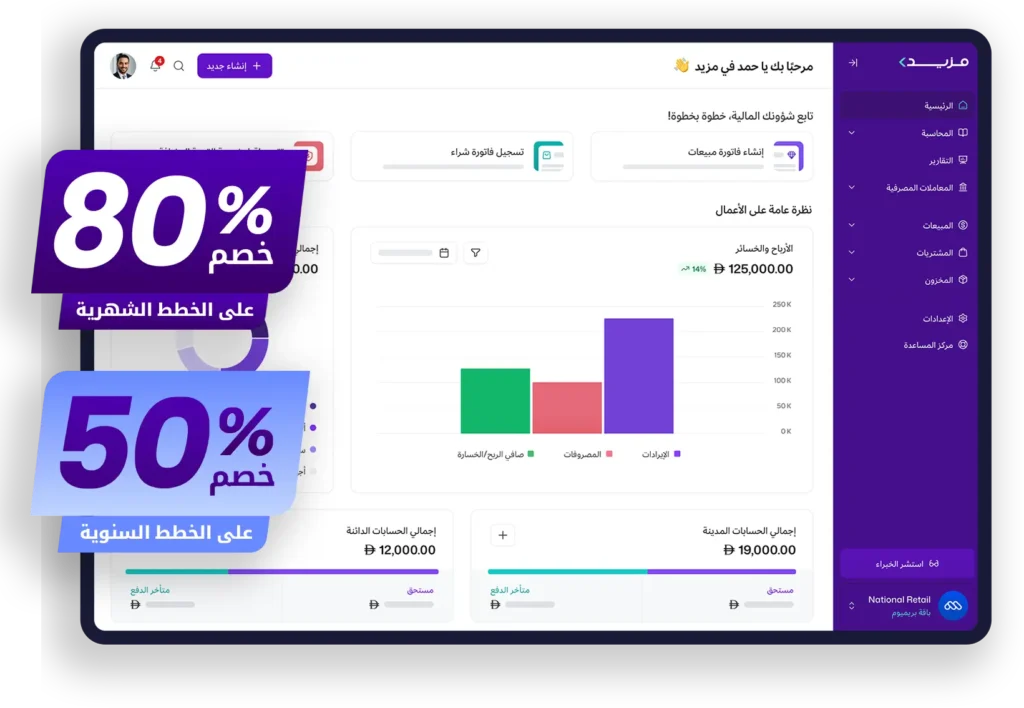 لوحة تحكم برنامج مزيد وان المحاسبي مع خصم 80% على الباقات الشهرية و50% على الباقات السنوية