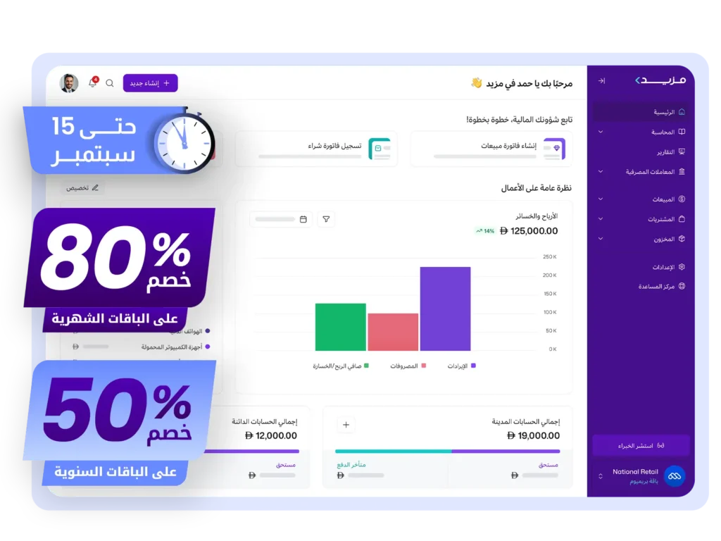 لوحة تحكم برنامج مزيد وان المحاسبي مع خصم 80% على الباقات الشهرية و50% على الباقات السنوية